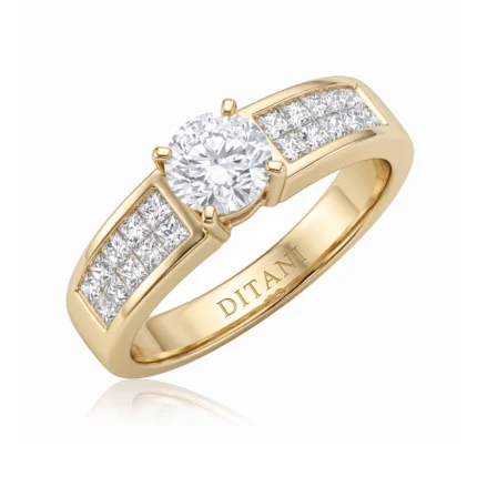 Gold band ring with a large round center diamond and pavé-set diamonds along the shoulders.