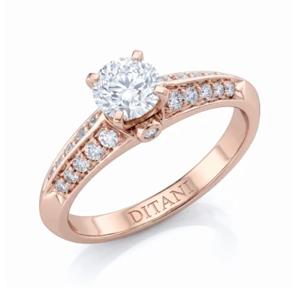 Rose gold ring with a large central diamond in prongs and smaller diamonds along the split shank; engraved DITANI on the inner band