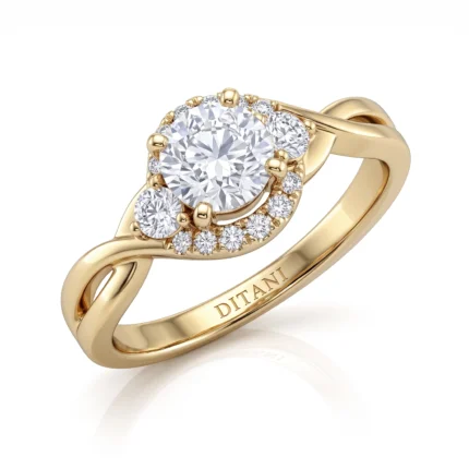 Gold ring with a large central diamond surrounded by smaller diamonds and 'DITANI' engraved on the band edge.