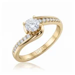 Gold ring with a large central round diamond and small diamonds along the split/diamond-accented band; inner engraving reads DITANI.