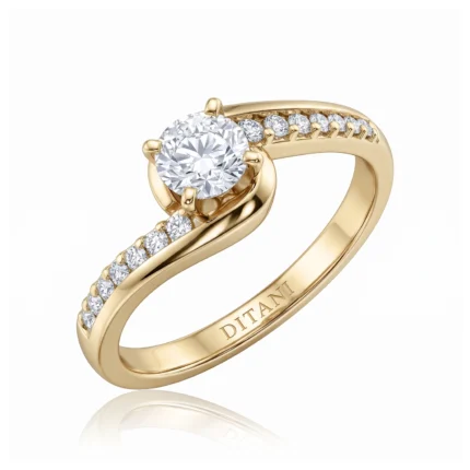 Gold ring with a large central round diamond and small diamonds along the split/diamond-accented band; inner engraving reads DITANI.