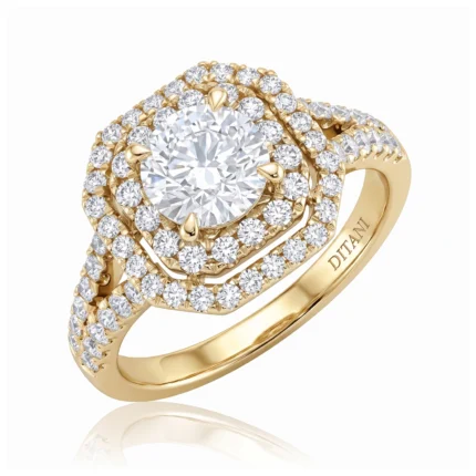 Gold ring with a large central diamond surrounded by multiple smaller diamonds in a halo and pavé setting.