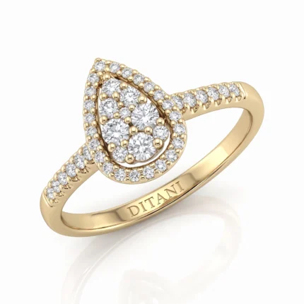 Gold ring with a pear-shaped cluster of diamonds in a halo, pavé diamond band, engraved DITANI on the inner band, elegant jewelry.