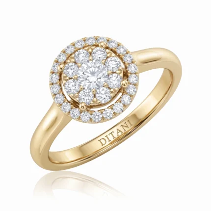 Gold engagement ring with a large center diamond surrounded by a double halo of smaller diamonds, the band engraved 'DITANI' on the inside.