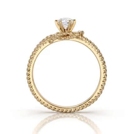 Gold rope-band solitaire engagement ring with a round diamond in a prong setting corporate center stone