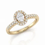 Gold halo engagement ring with a round center diamond surrounded by a ring of smaller diamonds and diamond-studded band on a polished gold band.
