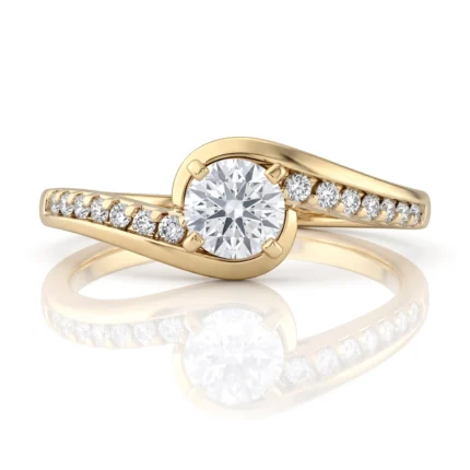 Gold ring with a large central round diamond and smaller diamonds along the band.