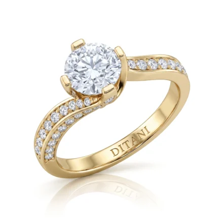 Yellow-gold engagement ring featuring a large round-cut center diamond held by four prongs, with pavé diamonds along the band and a branded inner inscription (DITANI).