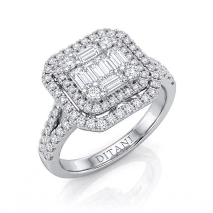 Diamond halo ring with a square cluster of baguette-cut diamonds surrounded by two pavé halos; inside band engraved DITANI, white gold/platinum look.
