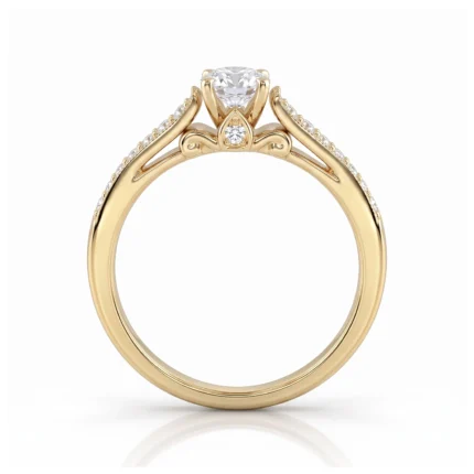 Gold engagement ring with a round center diamond and pavé diamonds along the band in a decorative setting dawned with a crown-like gallery