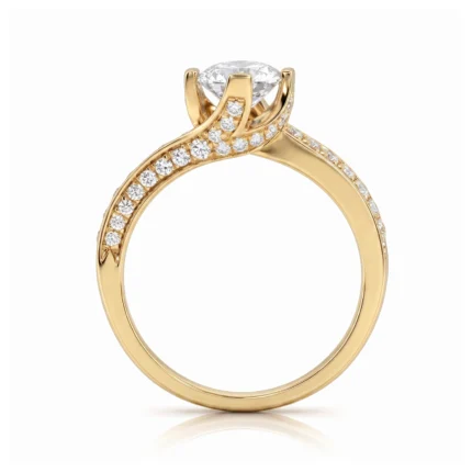Gold ring with a large center diamond and pavé diamonds along the shank, set in a raised prong setting.