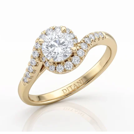 Gold engagement ring with a large central diamond and a halo of smaller diamonds, set in yellow gold with 'DITANI' engraved on the inner band.