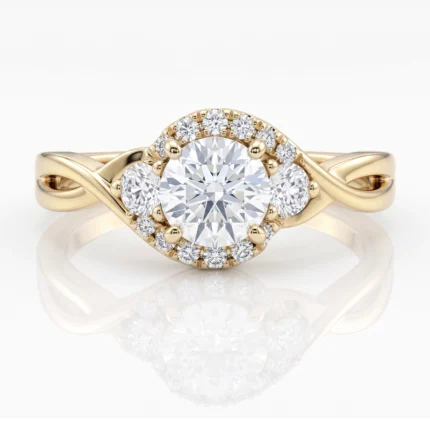 Gold ring with a large central diamond surrounded by a halo of smaller diamonds on a twisted yellow-gold band, elegant and sparkly.