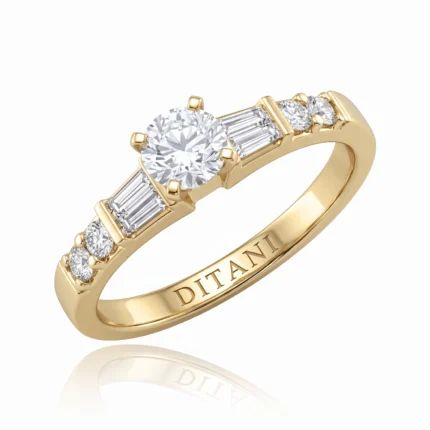 Gold ring with a large round center diamond, baguette side stones, and small diamonds along the band; inner engraving reads DITANI.