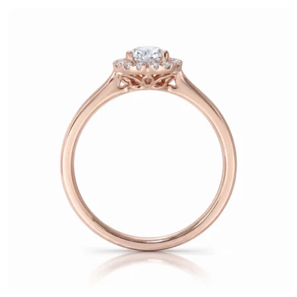 Rose gold engagement ring with an oval center diamond and a diamond halo on a slim band.