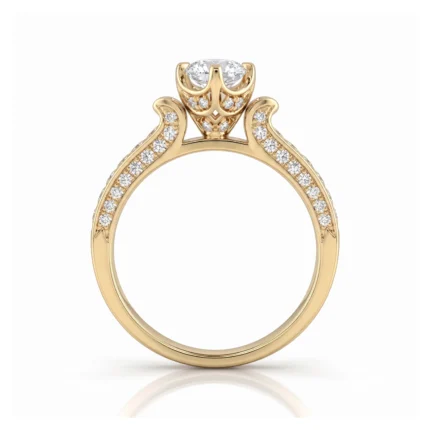 Yellow gold engagement ring with a large central diamond held by prongs, and pavé-set diamonds along the shoulders/band.