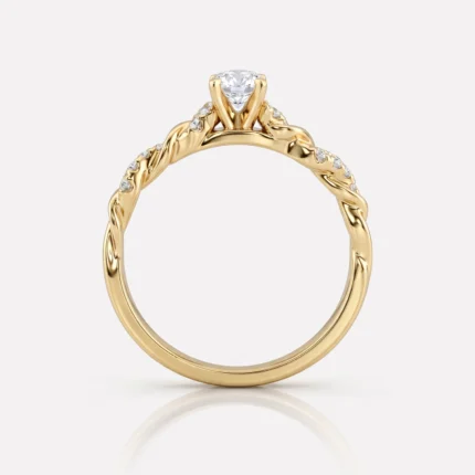 Gold twisted-band engagement ring with a central diamond and small pavé diamonds along the shoulders