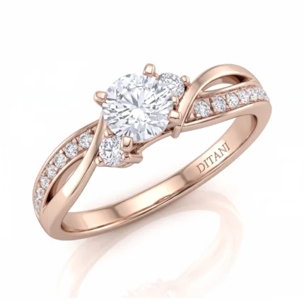 Rose gold engagement ring with a large central round diamond and smaller side diamonds along the band in a curved setting.