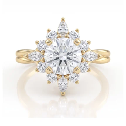 Gold ring with a large central diamond surrounded by a halo of smaller diamonds in a floral arrangement.