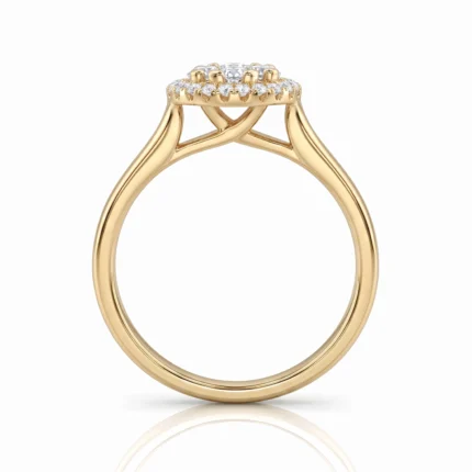 Side view of a yellow-gold ring with a diamond cluster setting atop the band, showing prongs and open gallery for the halo