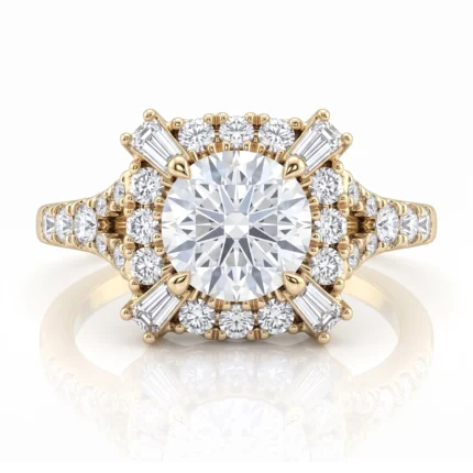 Yellow-gold ring with a large round center diamond surrounded by a halo of diamonds and baguette accents on the band