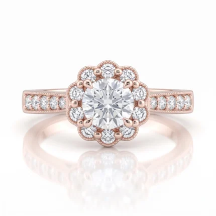 Rose gold engagement ring with a round center diamond surrounded by a floral diamond halo and a pavé diamond band.