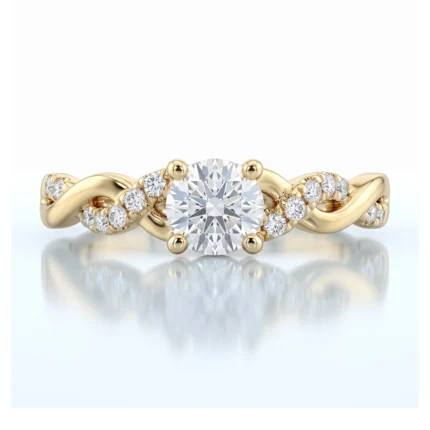 Gold ring with a large central round diamond and smaller diamonds along a twisted band, elegant solitaire style jewelry