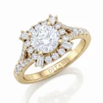 Gold ring with a large round-cut center diamond surrounded by a halo of smaller diamonds and baguette accents on a yellow-gold band.