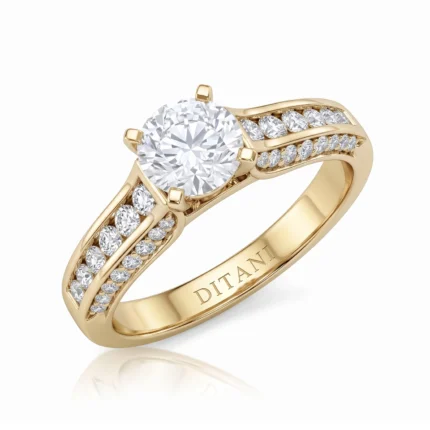 Gold engagement ring with a large round central diamond and two rows of pavé diamonds along the band.