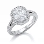 Diamond halo ring with a geometric hexagon centerpiece and pavé-set band.