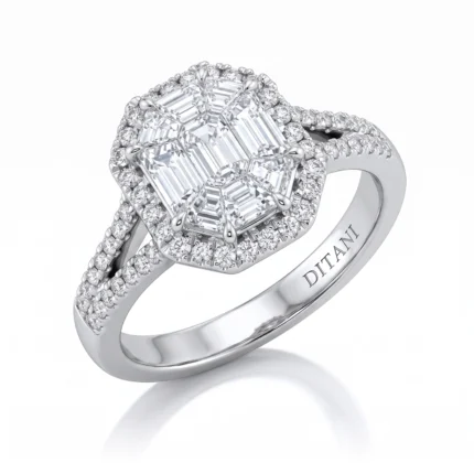 Diamond halo ring with a geometric hexagon centerpiece and pavé-set band.
