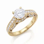 Gold ring with a large round-cut diamond centerpiece and pavé diamonds along the band