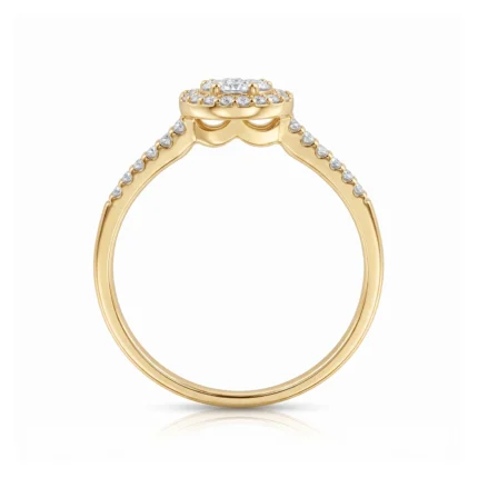 Gold ring with pavé diamonds along the band and a halo setting, viewed from the side