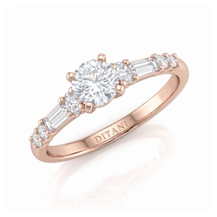Rose gold engagement ring with a large central diamond and smaller diamonds along the band, engraved DITANI on the inside edge.