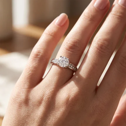 Close-up of a left hand showing a diamond engagement ring with a large center stone and two diamond-studded bands on a silver setting, in soft sunlight.