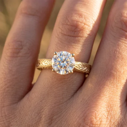 Close-up of a gold ring with a large round-cut diamond solitaire on a finger; engraved leaf pattern on the band.