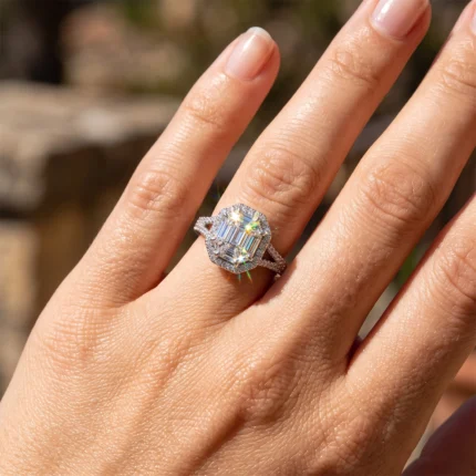 Close-up of a hand wearing a diamond ring with a geometric, octagonal halo and a pavé band; sunlit sparkle on the stones.