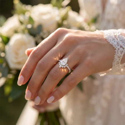 Close-up of a woman's hand with a pear-shaped diamond engagement ring and lace sleeve袖.