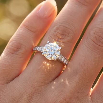 Close-up of a diamond engagement ring on a finger, with the large center stone catching sunlight.