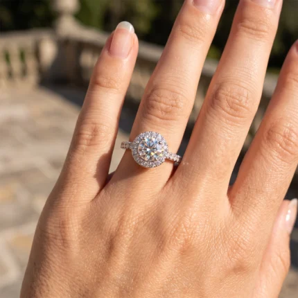 A halo diamond engagement ring on a woman's ring finger, sparkling in sunlight outdoors.