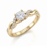 Gold engagement ring with a large central diamond and diamond-studded twisted band; inner band inscribed DITANIT