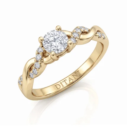 Gold engagement ring with a large central diamond and diamond-studded twisted band; inner band inscribed DITANIT