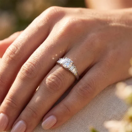 Close-up of a left hand wearing a diamond engagement ring with a round center stone and baguette side stones, in sunlight on the finger.