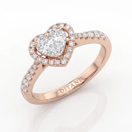 Rose gold halo ring featuring a heart-shaped center diamond encircled by smaller diamonds, with pavé diamonds along the band and 'DITANI' engraved inside.