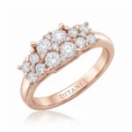 Rose gold ring with a cluster of diamonds arranged in a leaf-like pattern; interior engraved with DITANI.