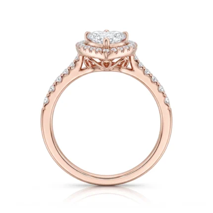 Rose gold engagement ring with a central diamond surrounded by a diamond halo and pavé-set diamonds along the shank.