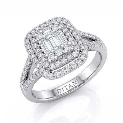 Diamond ring with four baguette-cut center stones surrounded by a double halo of round diamonds on a polished band.