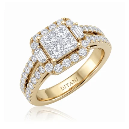 Gold ring set with a central cushion-cut diamond and two diamond halos, surrounded by pavé diamonds; engraved 'DITANI' inside the band.