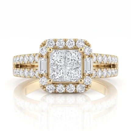 Gold engagement ring with a square halo of diamonds and a pavé diamond band.