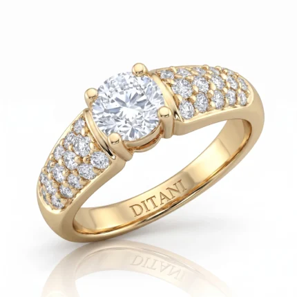 Gold ring with a large central diamond and pavé diamonds along the band; engraved 'DITANI' inside the band.